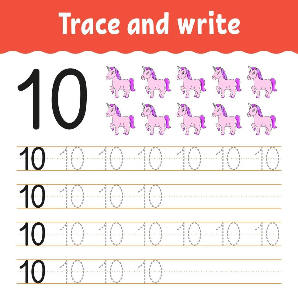 Learn Numbers. Trace and write. Handwriting practice. Learning numbers for kids. Education developing worksheet. Color activity page. Isolated vector illustration in cute cartoon style.