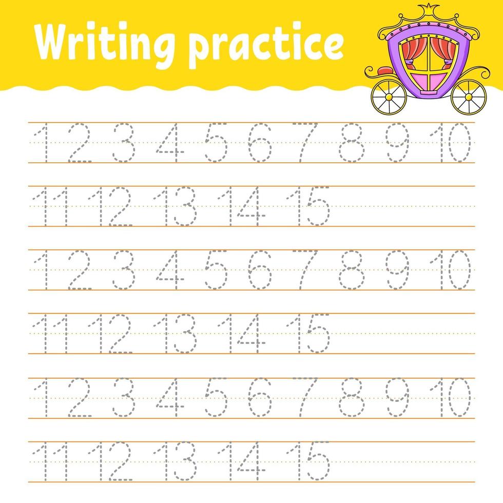 Learn Numbers. Trace and write. Handwriting practice. Learning numbers for kids. Education developing worksheet. Color activity page. Isolated vector illustration in cute cartoon style.