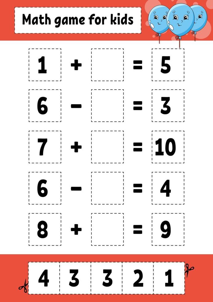 Math game for kids. Education developing worksheet. Activity page with pictures. Game for children. Color isolated vector illustration. Funny character. Cartoon style.