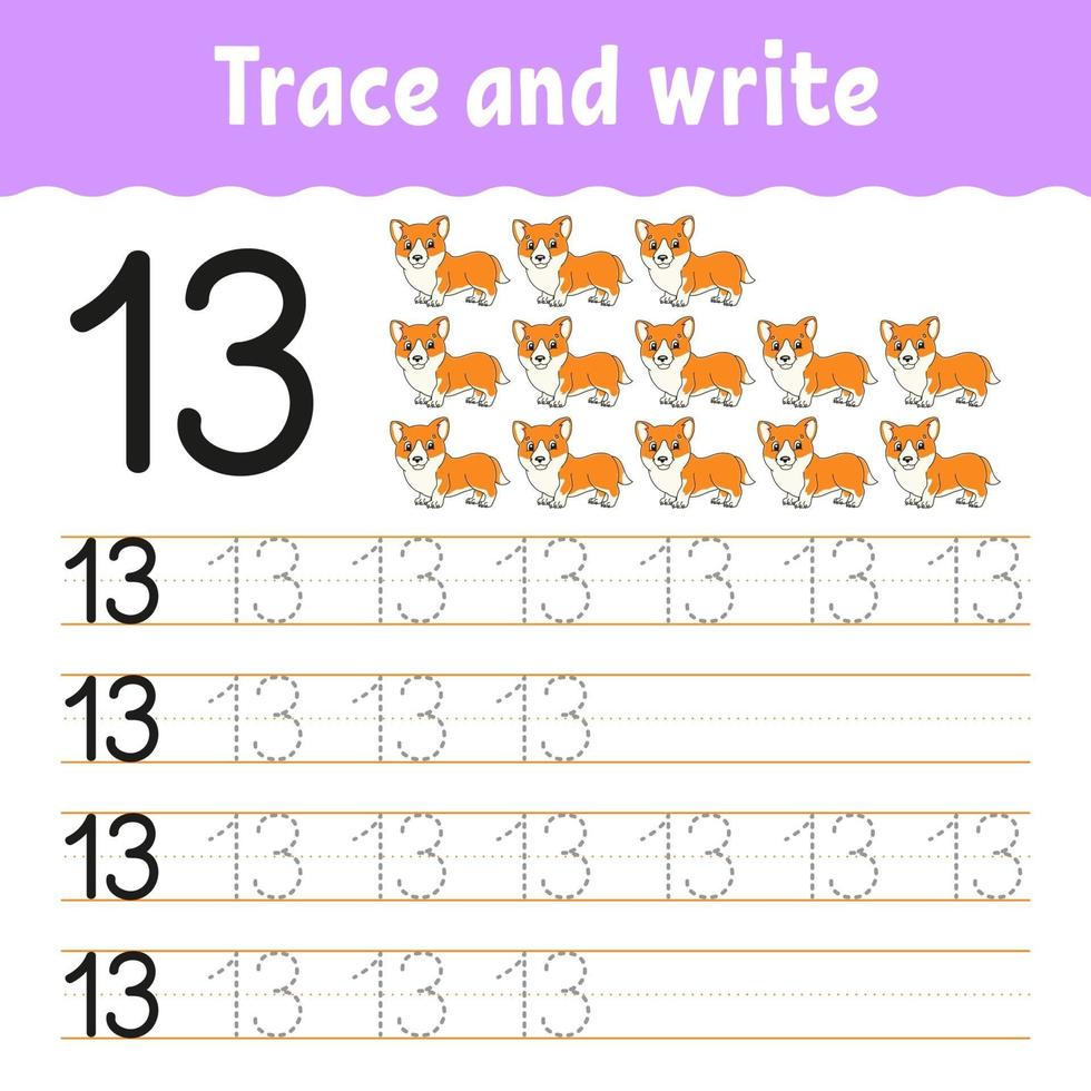 Learn Numbers. Trace and write. Handwriting practice. Learning numbers for kids. Education developing worksheet. Color activity page. Isolated vector illustration in cute cartoon style.