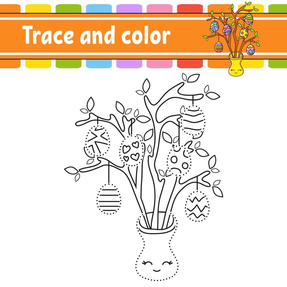 Trace and color. Coloring page for kids. Handwriting practice. Education developing worksheet. Activity page. Game for toddlers. Isolated vector illustration. Cartoon style. Easter theme.