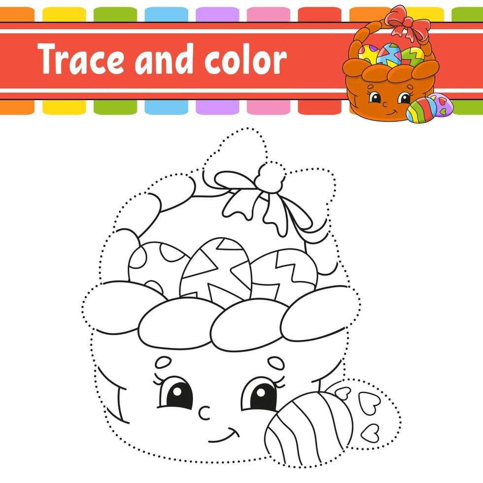 Trace and color. Coloring page for kids. Handwriting practice. Education developing worksheet. Activity page. Game for toddlers. Isolated vector illustration. Cartoon style. Easter theme.