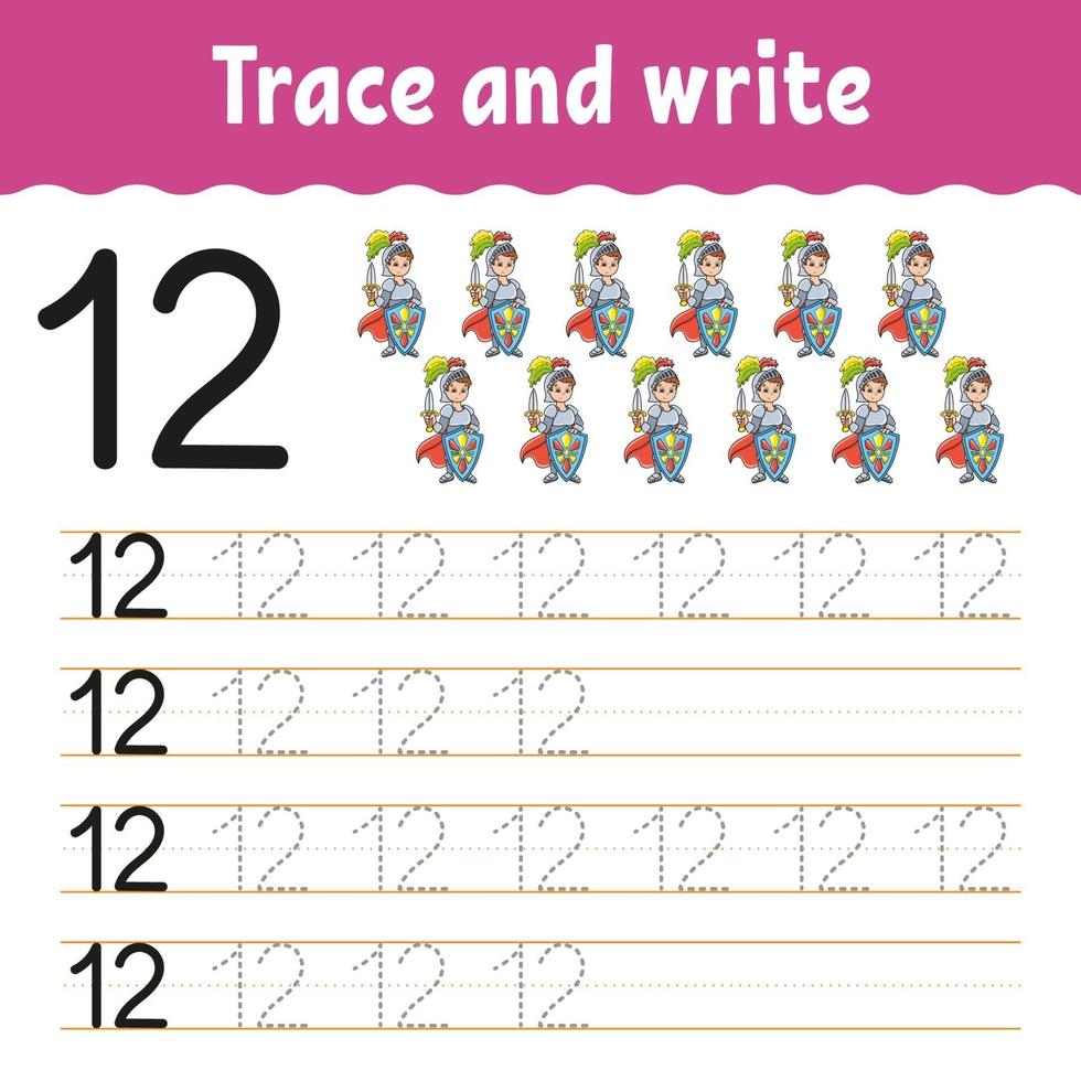 Learn Numbers. Trace and write. Handwriting practice. Learning numbers for kids. Education developing worksheet. Color activity page. Isolated vector illustration in cute cartoon style.