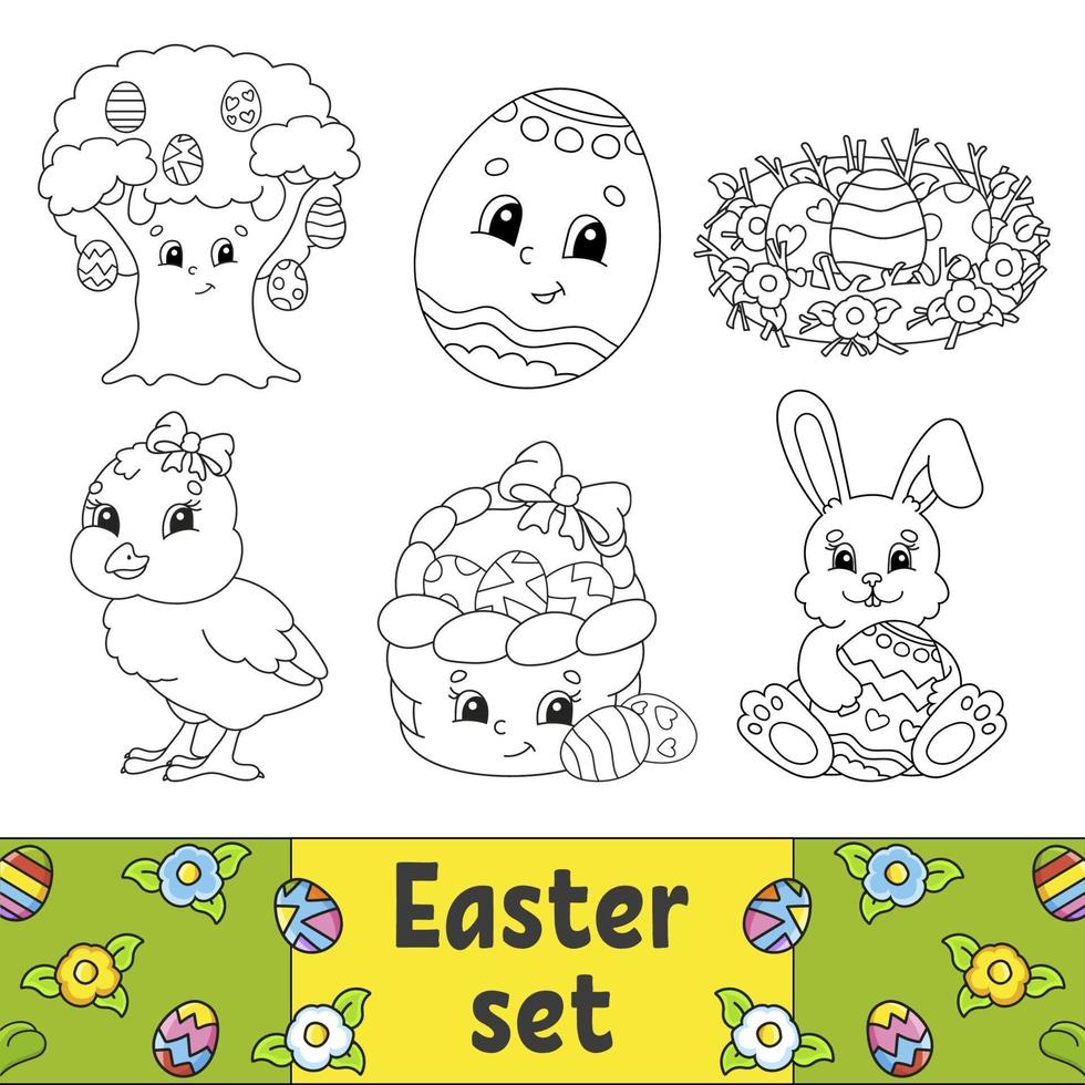 Coloring book for kids. Easter clipart. Cheerful characters. Vector illustration. Cute cartoon style. Black contour silhouette. Isolated on white background.