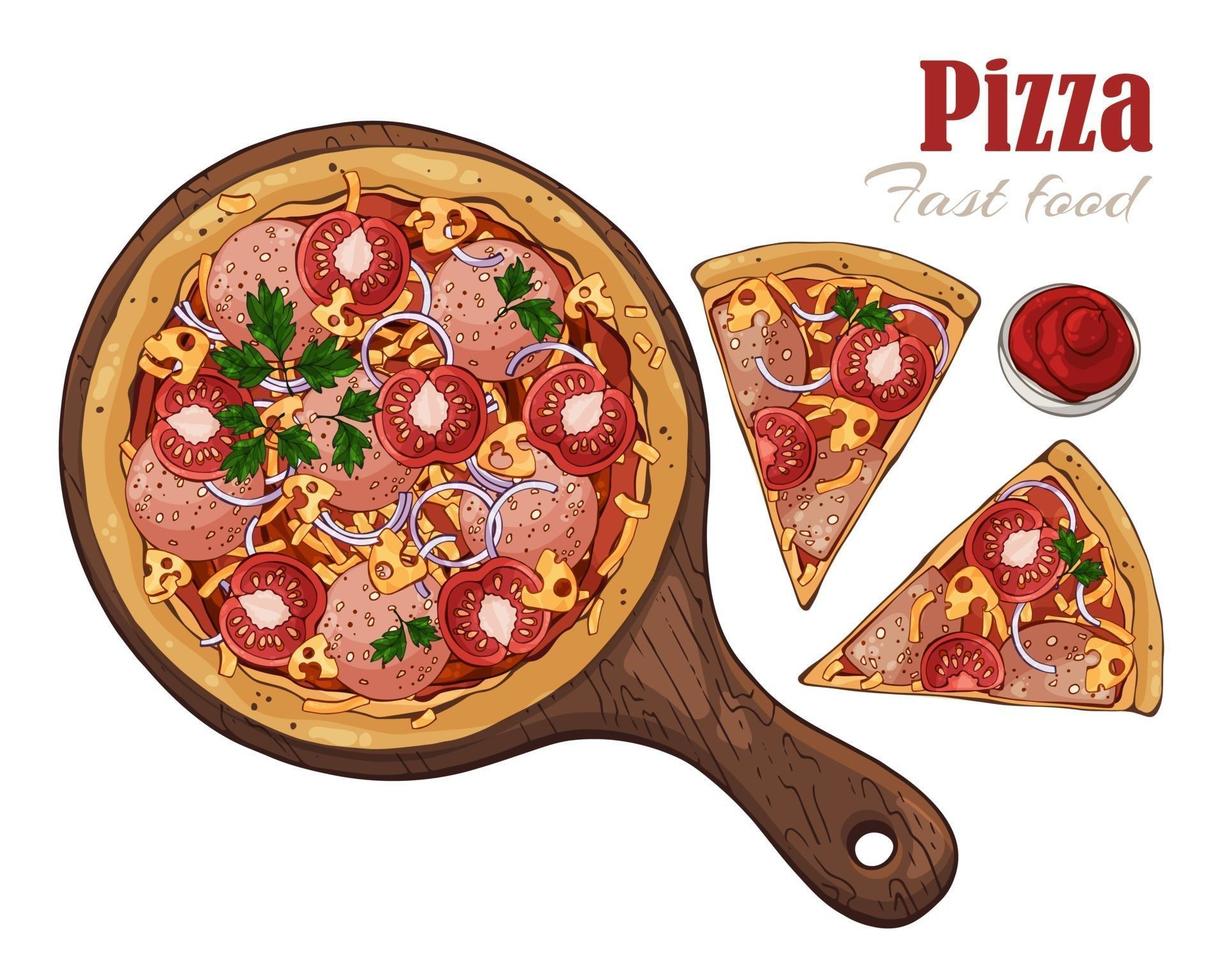 Vector. Fast food theme pizza on a board. vector