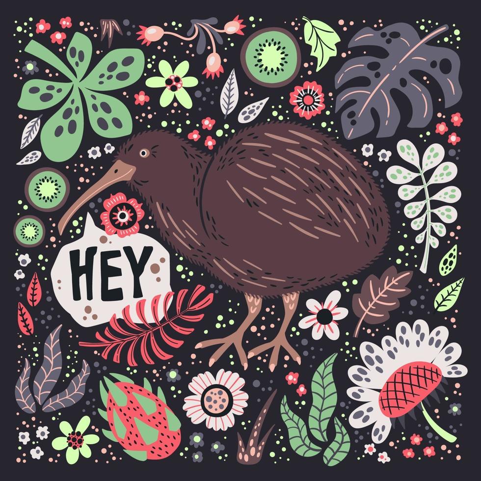 Vector flat hand drawn illustrations. Cute kiwi bird with plants and flowers.