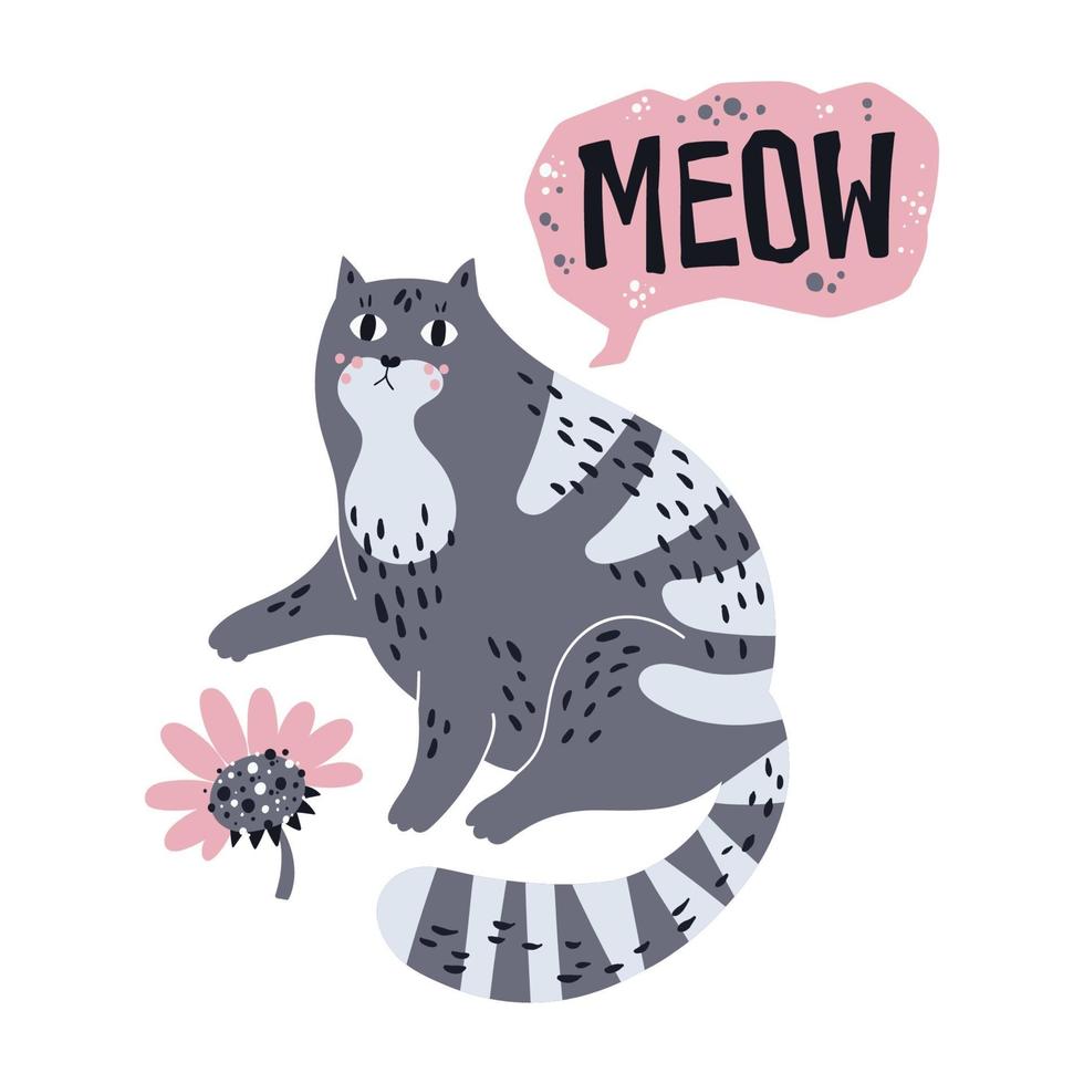 Vector flat hand drawn illustrations. Cute cat with flower.