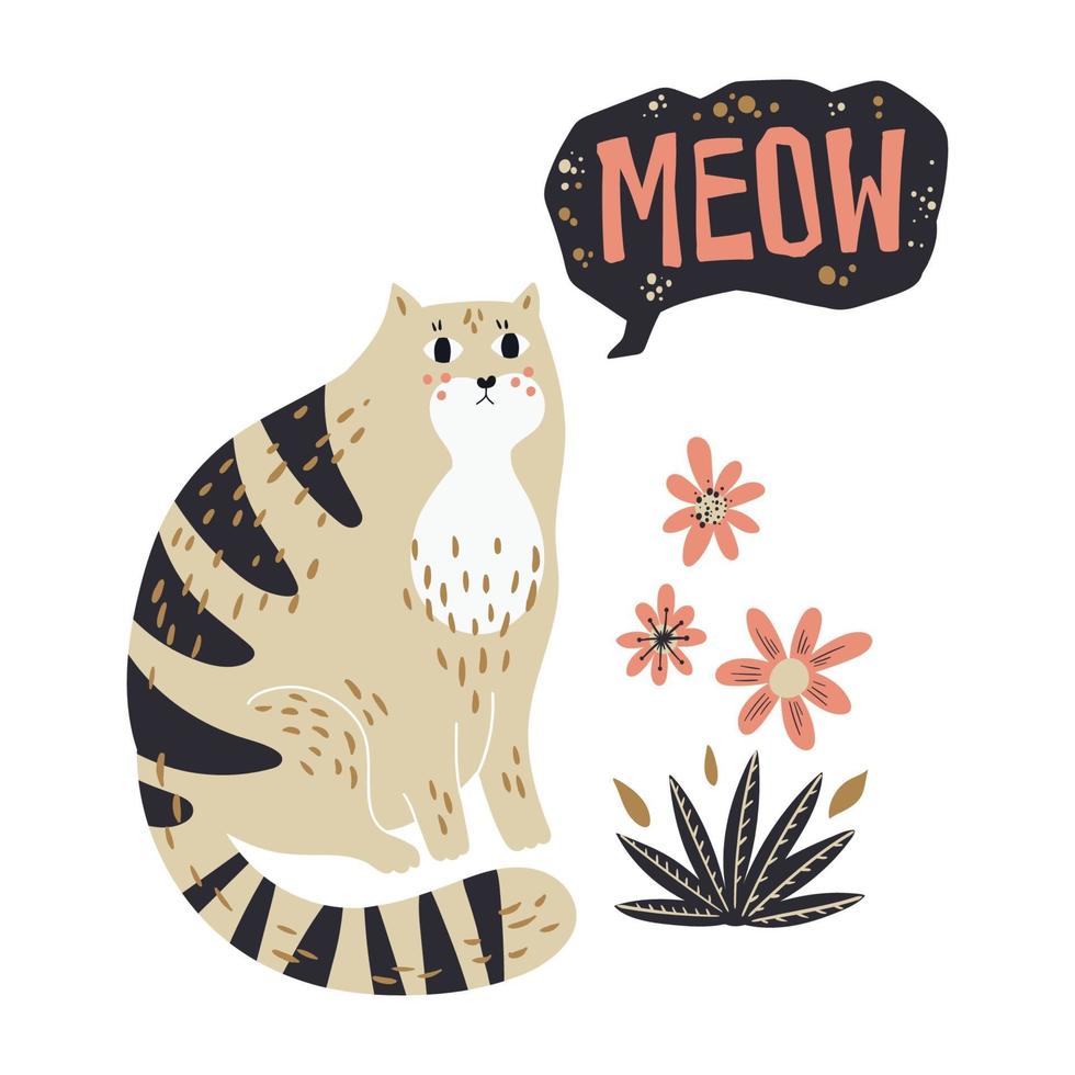 Vector flat hand drawn illustrations. Cute cat with flowers.