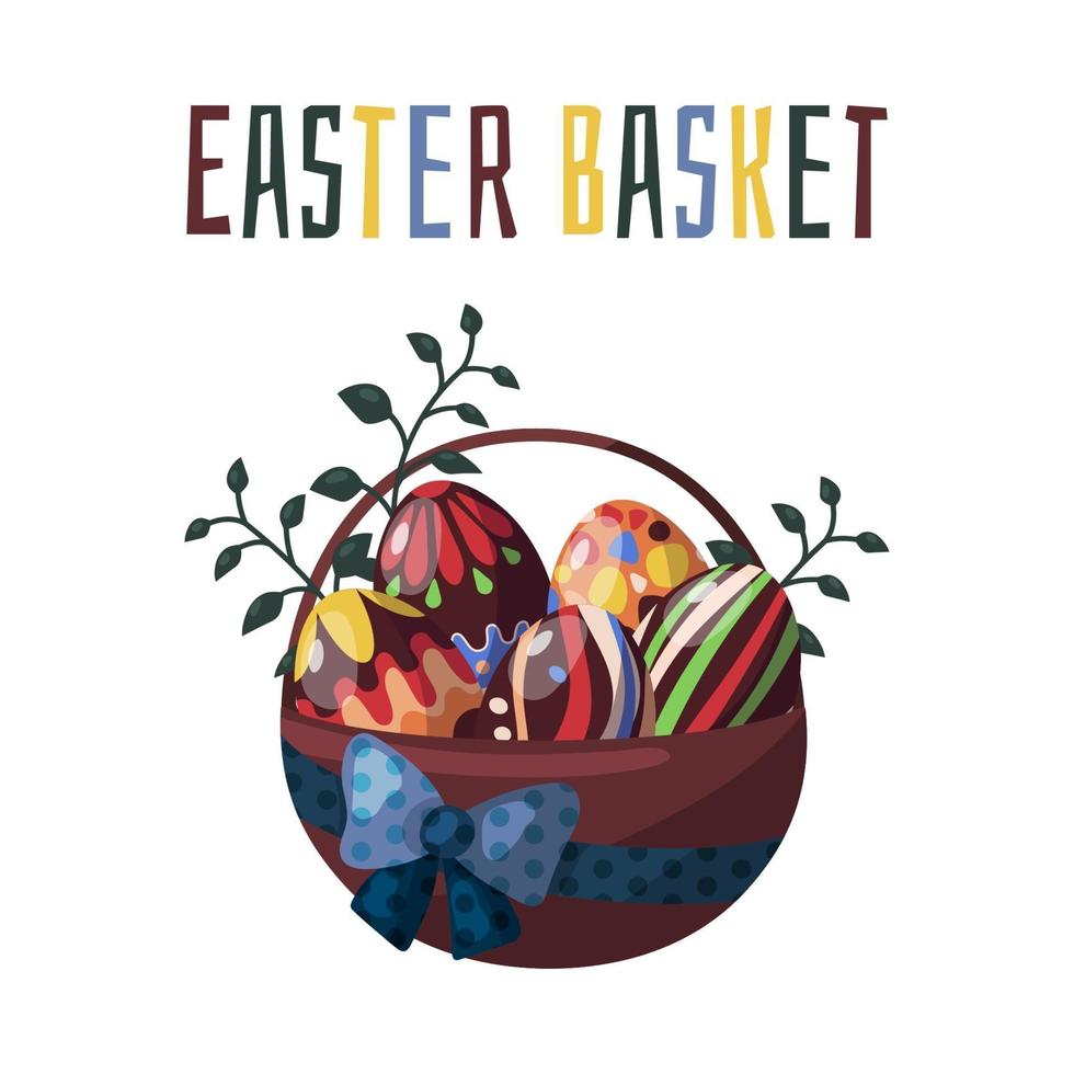 Vector illustrations on the Easter theme basket with chocolate colored eggs and spring flowers.