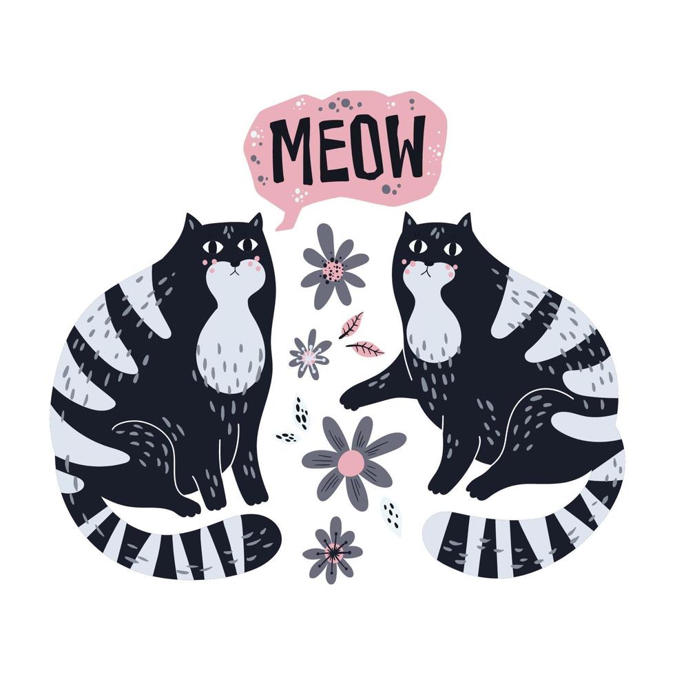 Vector flat hand drawn illustrations. Cute cats with flowers.