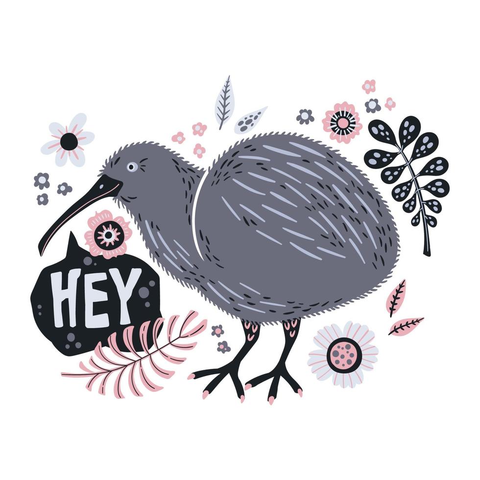 Vector flat hand drawn illustrations. Cute kiwi bird with plants and flowers.