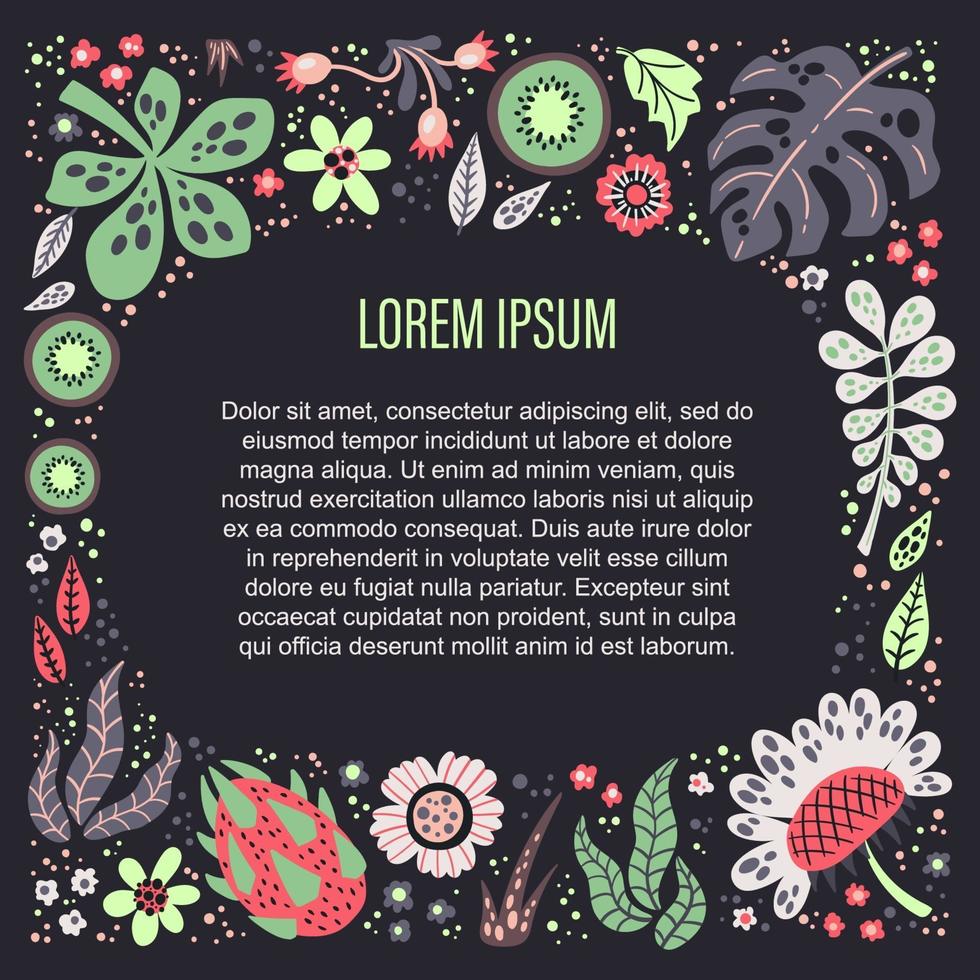 Vector flat hand drawn illustrations. Place for your text surrounded by plants, fruits and flowers.