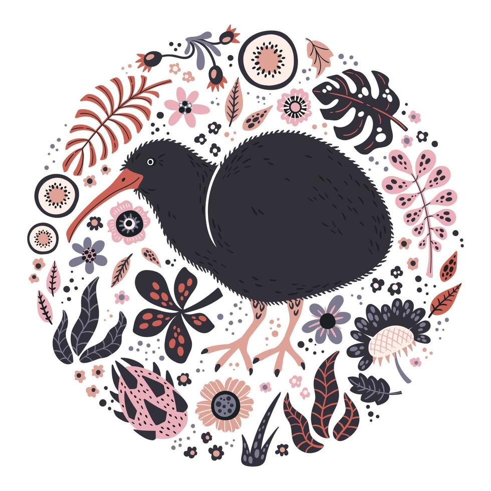 Vector flat hand drawn illustrations. Cute kiwi bird with plants and flowers.