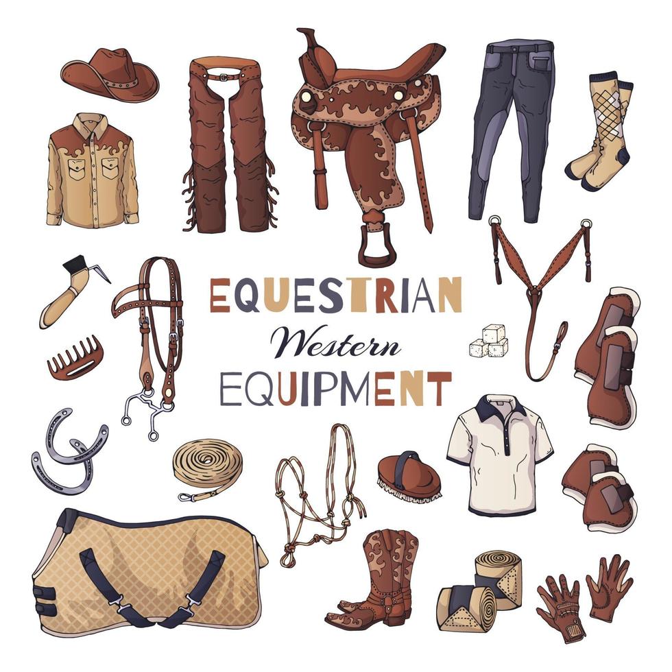 Vector illustrations on the equestrian equipment theme. Western.