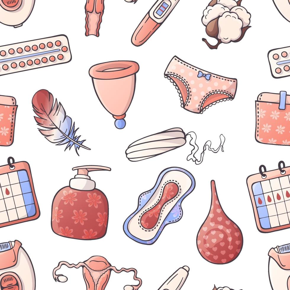 Vector illustrations on the feminine hygiene theme. Seamless pattern.