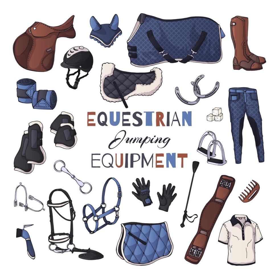 Vector illustrations on the equestrian equipment theme. Jumping.
