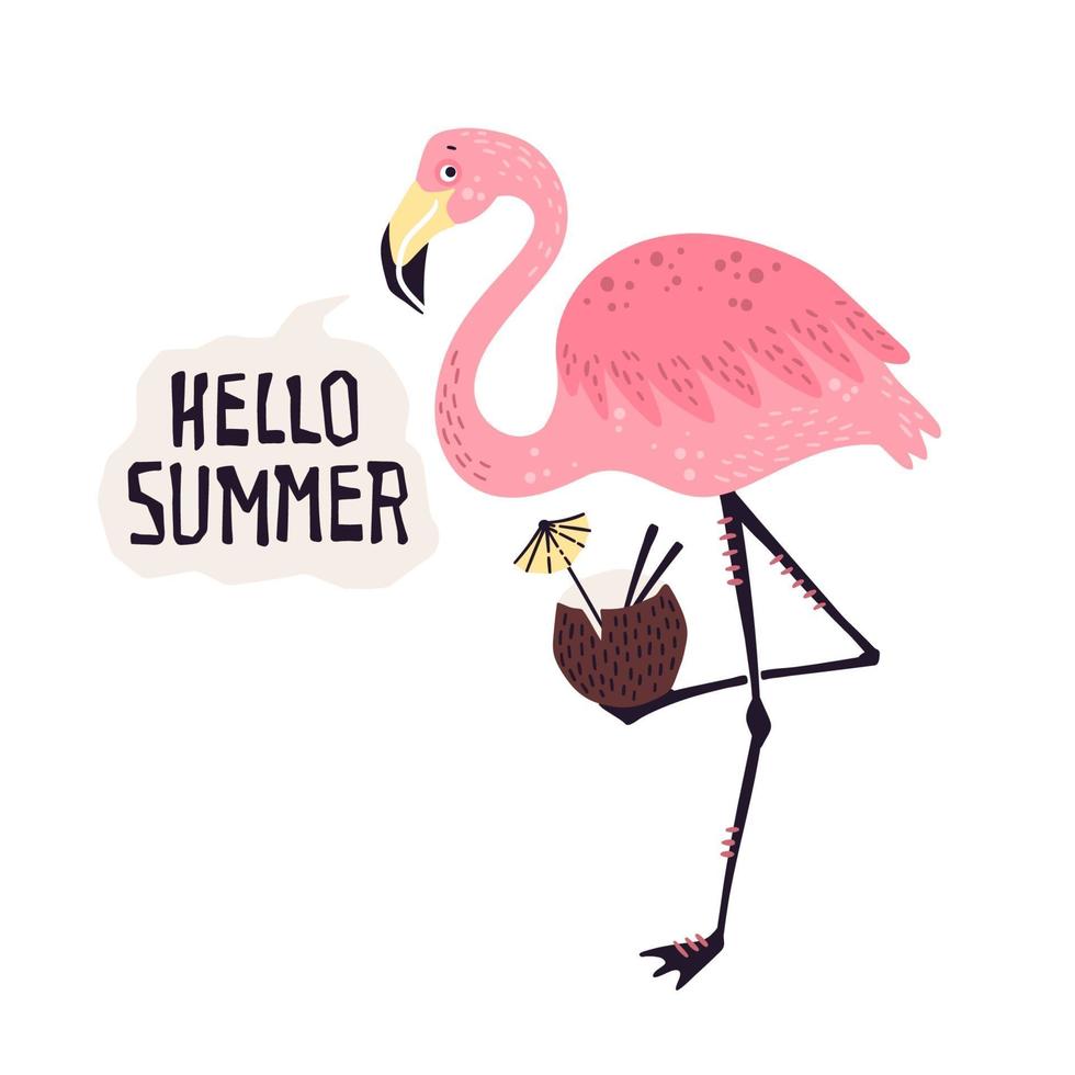 Vector cute flamingo with a tropical cocktail. Lettering Hello Summer.