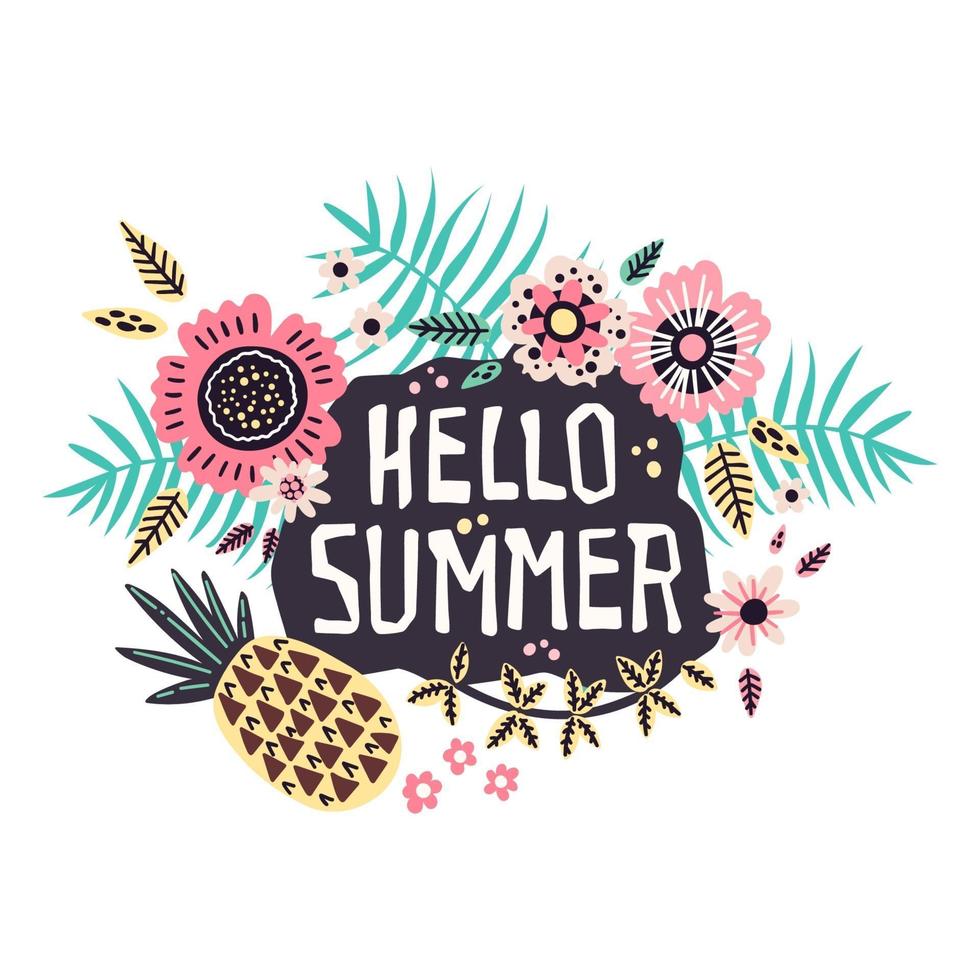 Vector lettering Hello Summer - surrounded by tropical fruits and plants.