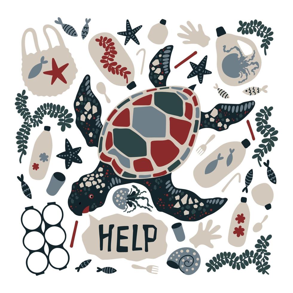 Vector flat hand drawn turtle surrounded by marine litter and waste.