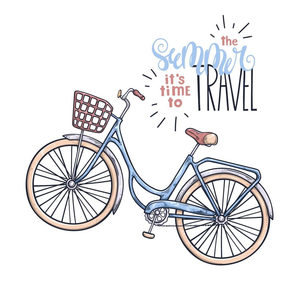 bicicleta de vector en estilo vintage. Letras del verano es hora de viajar.