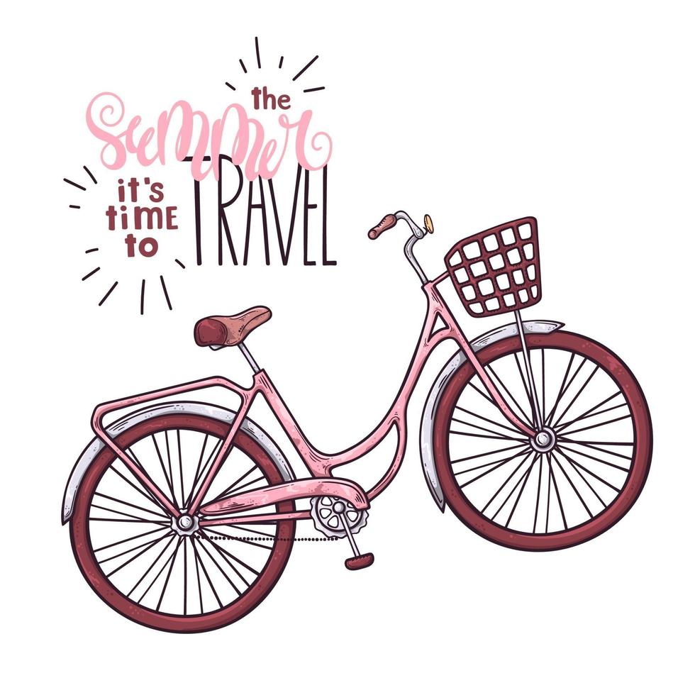 Vector bicycle in vintage style. Letteringthe summer it is time to travel.