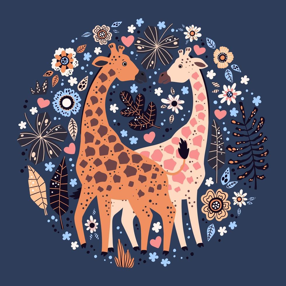 Vector flat hand drawn giraffes surrounded by tropical plants and flowers.