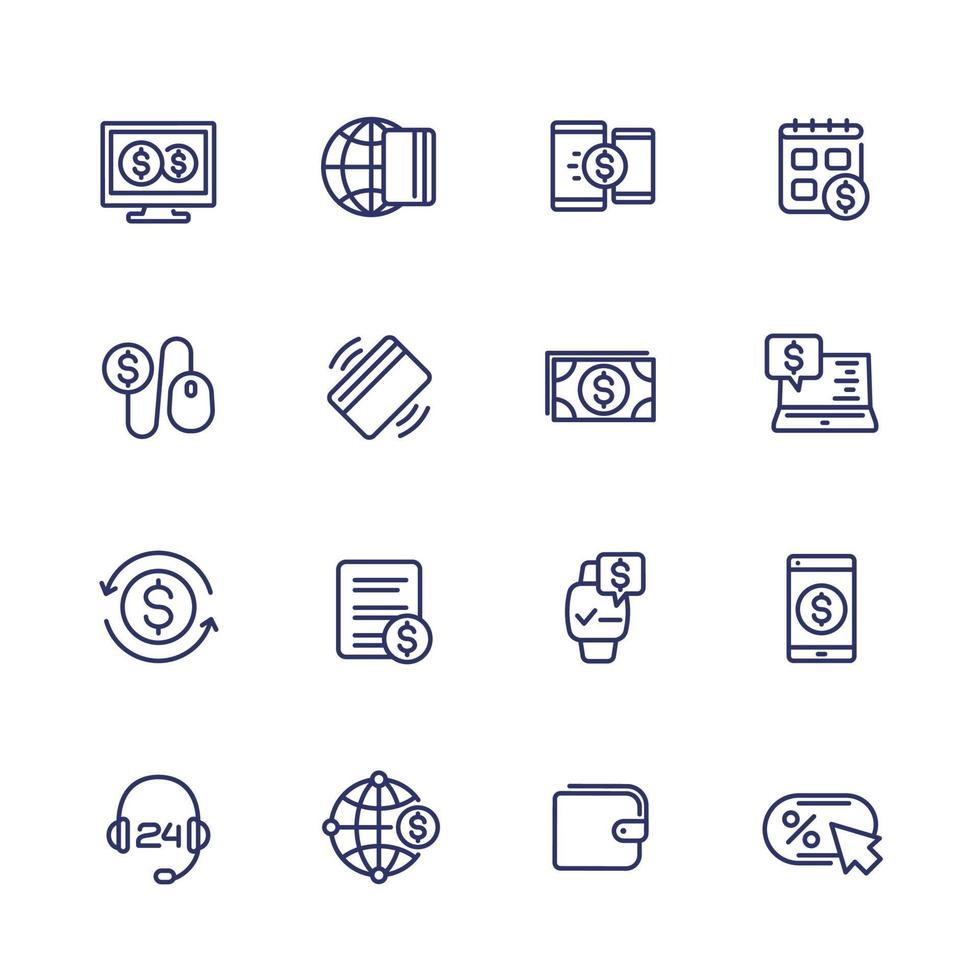 Payments, internet banking and online money transfer line icons set vector