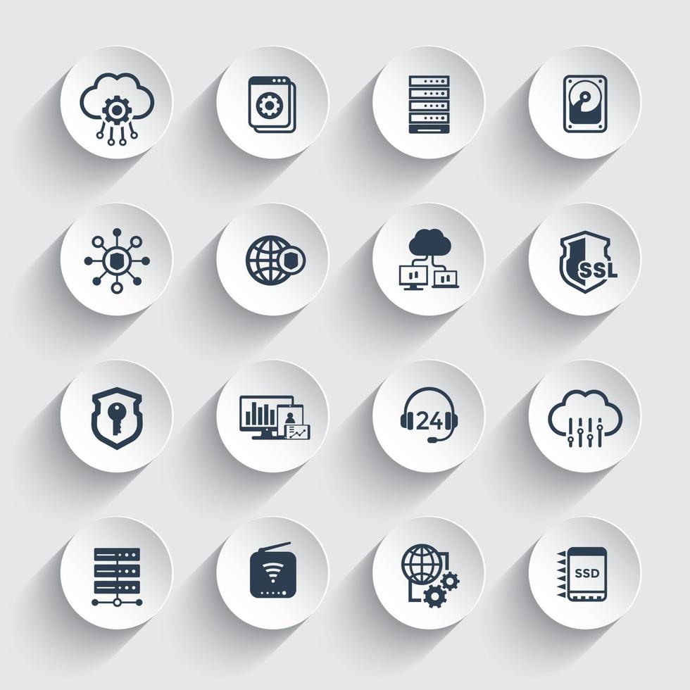 conjunto de iconos de alojamiento, servidores, red y almacenamiento de datos vector