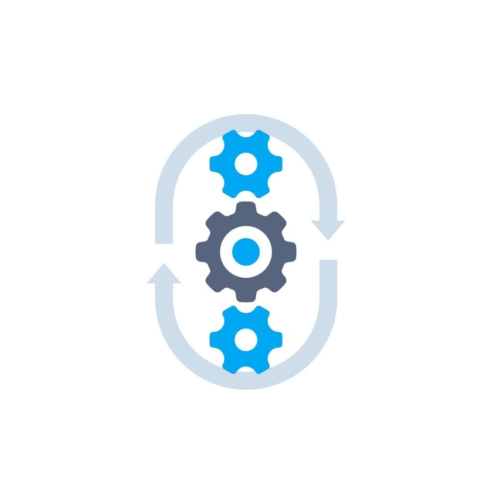 ciclo de producción, icono de vector de proceso, ruedas dentadas y flechas
