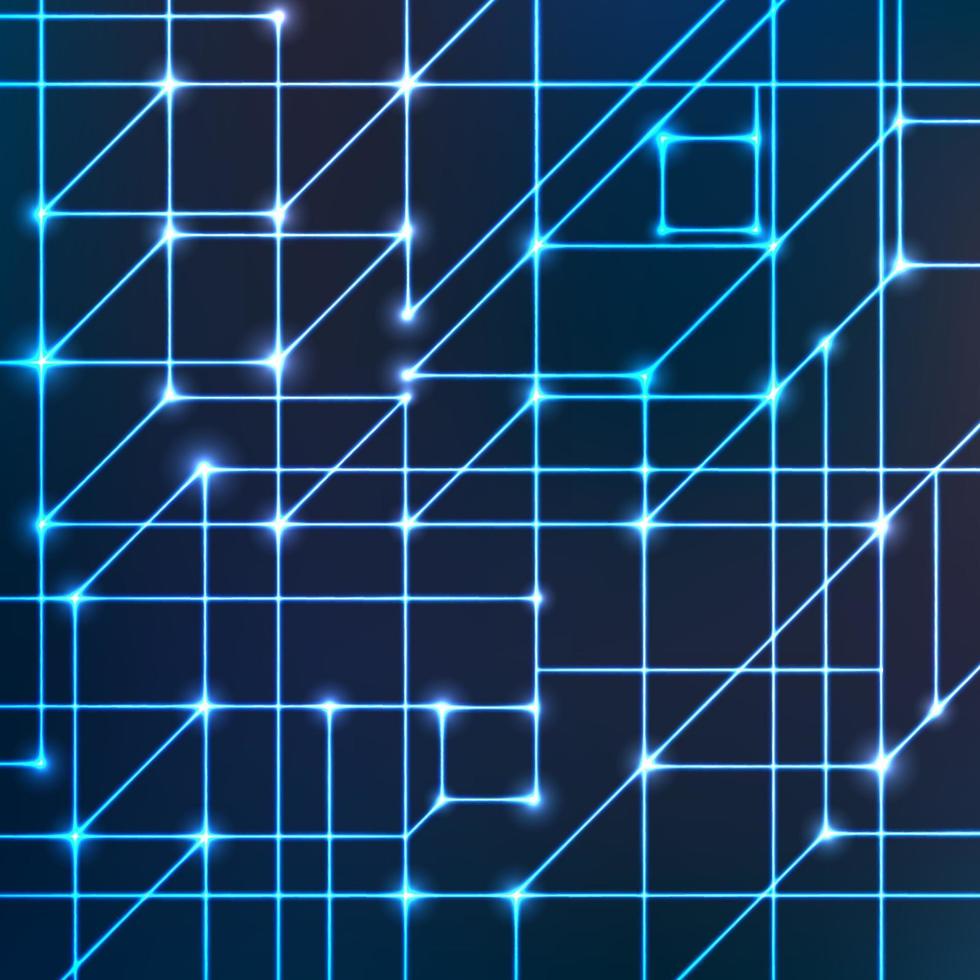 Vector background of bright neon lines with intersection nodes. Data transmission concept of networks and neural networks.