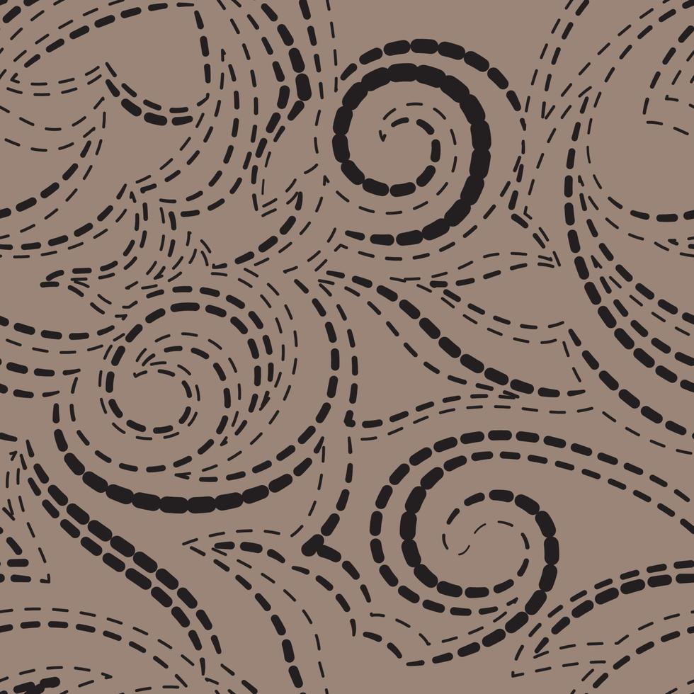 Vector geometric texture in black on a brown background. Spirals and lines of simple shapes pattern for fabrics or paper.