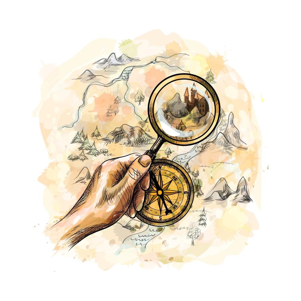 Aged antique nautical compass and hand holding magnifying glass with treasure map from a splash of watercolor, hand drawn sketch. Vector illustration of paints