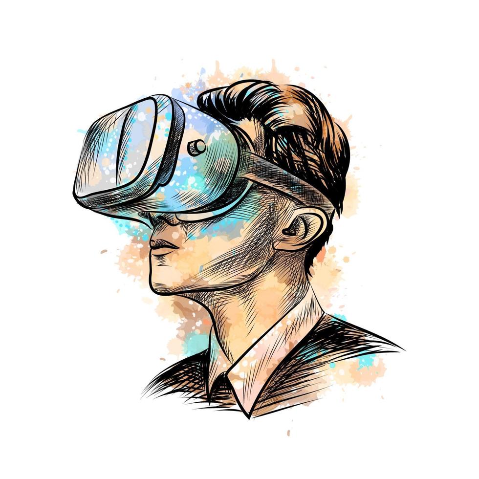 Man wearing virtual reality headset from a splash of watercolor, hand drawn sketch. Vector illustration of paints