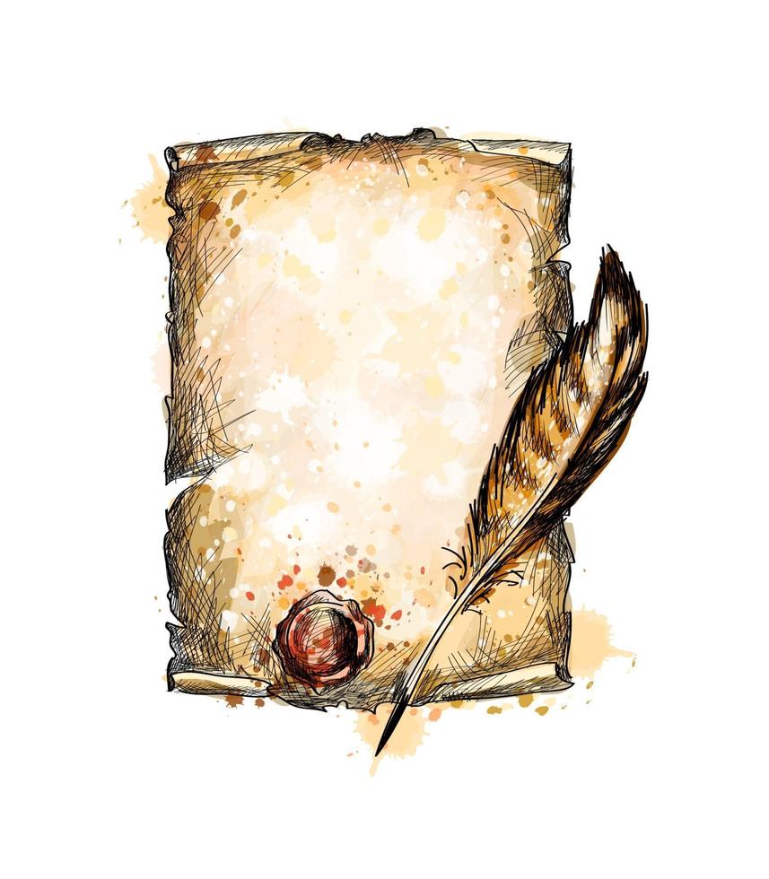 Old blank scroll paper and feather pen from a splash of watercolor, hand drawn sketch. Vector illustration of paints
