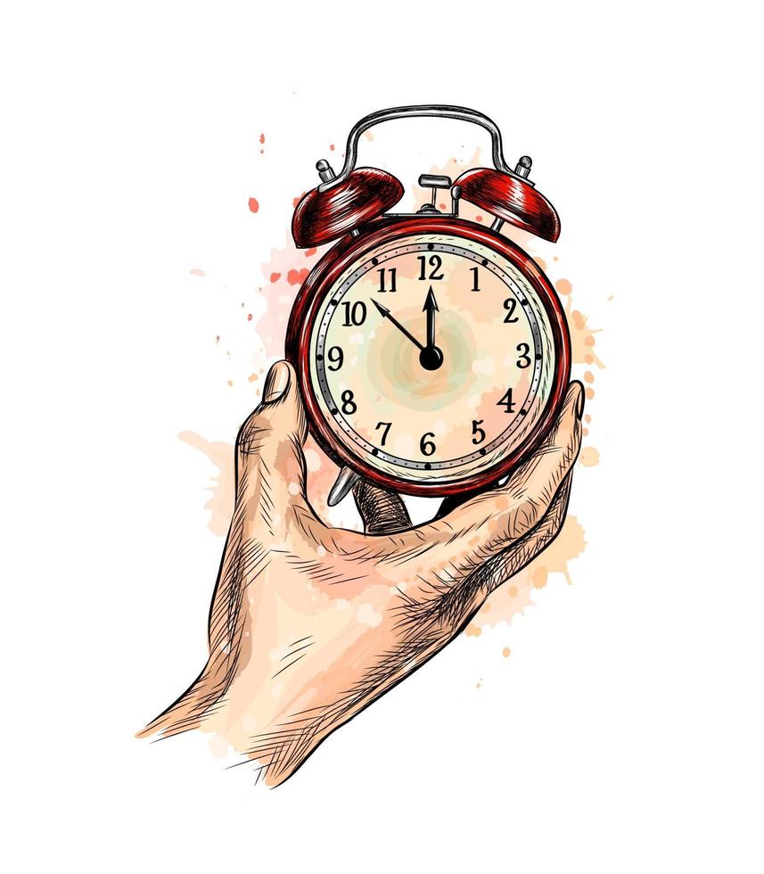 Alarm clock analog classic vintage style from a splash of watercolor, hand drawn sketch. Vector illustration of paints