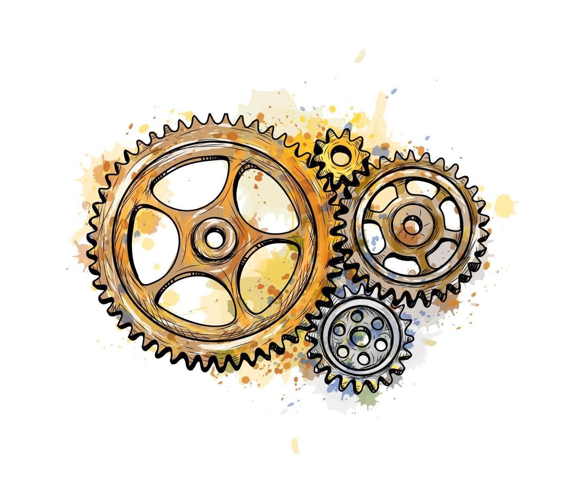 Gears from a splash of watercolor, hand drawn sketch. Vector illustration of paints