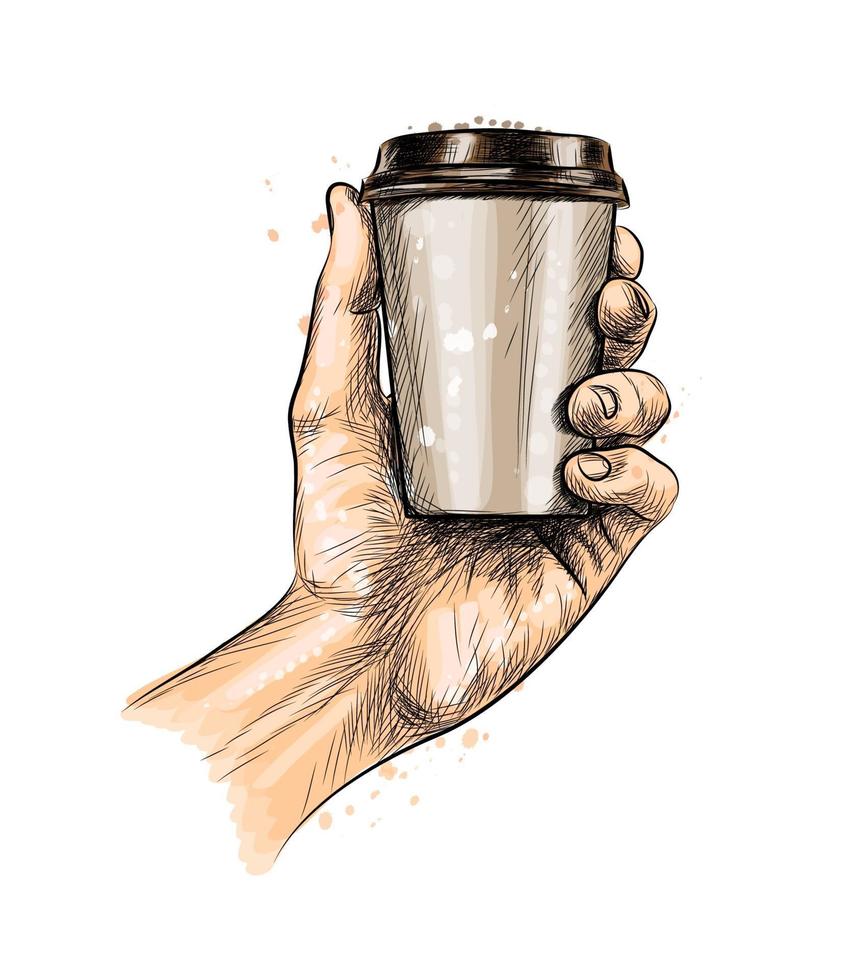 Male hand holding a Coffee paper cup from a splash of watercolor, hand drawn sketch. Vector illustration of paints