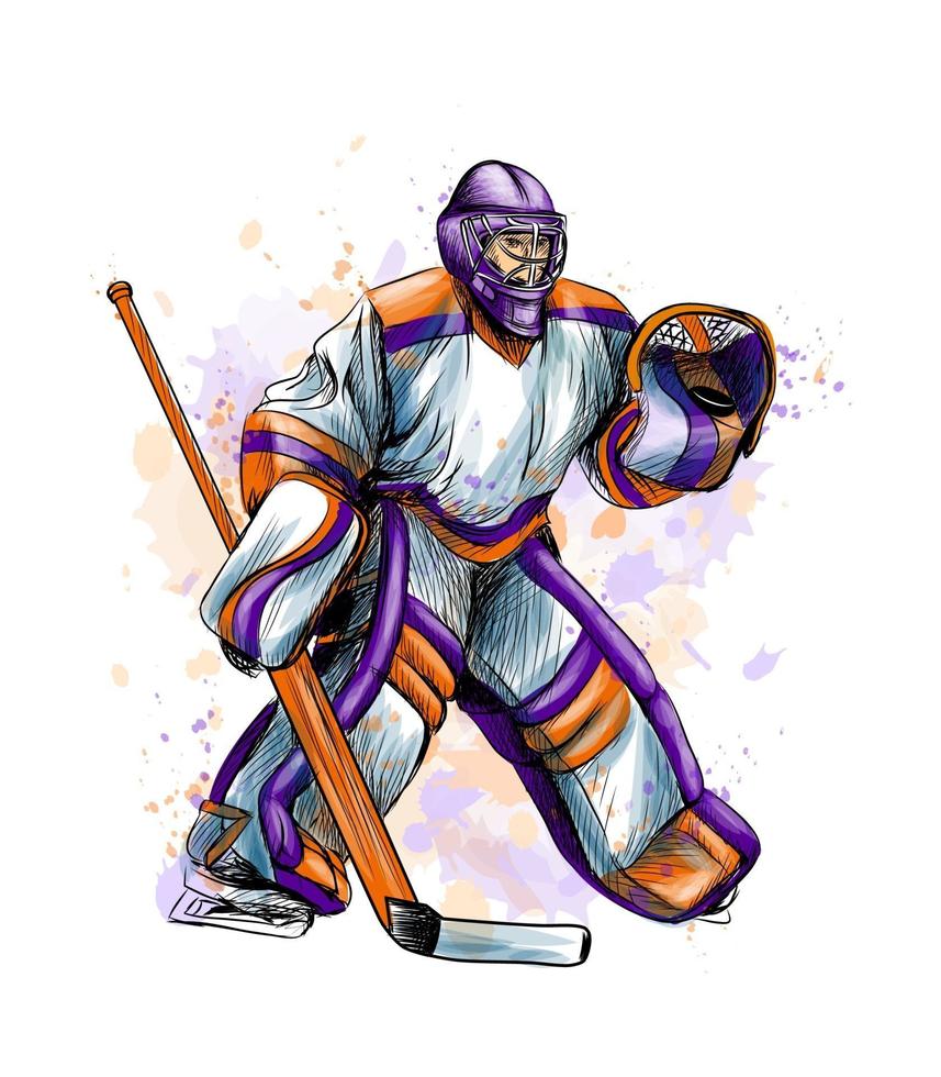 portero de hockey abstracto de salpicaduras de acuarelas. boceto dibujado a mano. deporte de invierno. ilustración vectorial de pinturas vector
