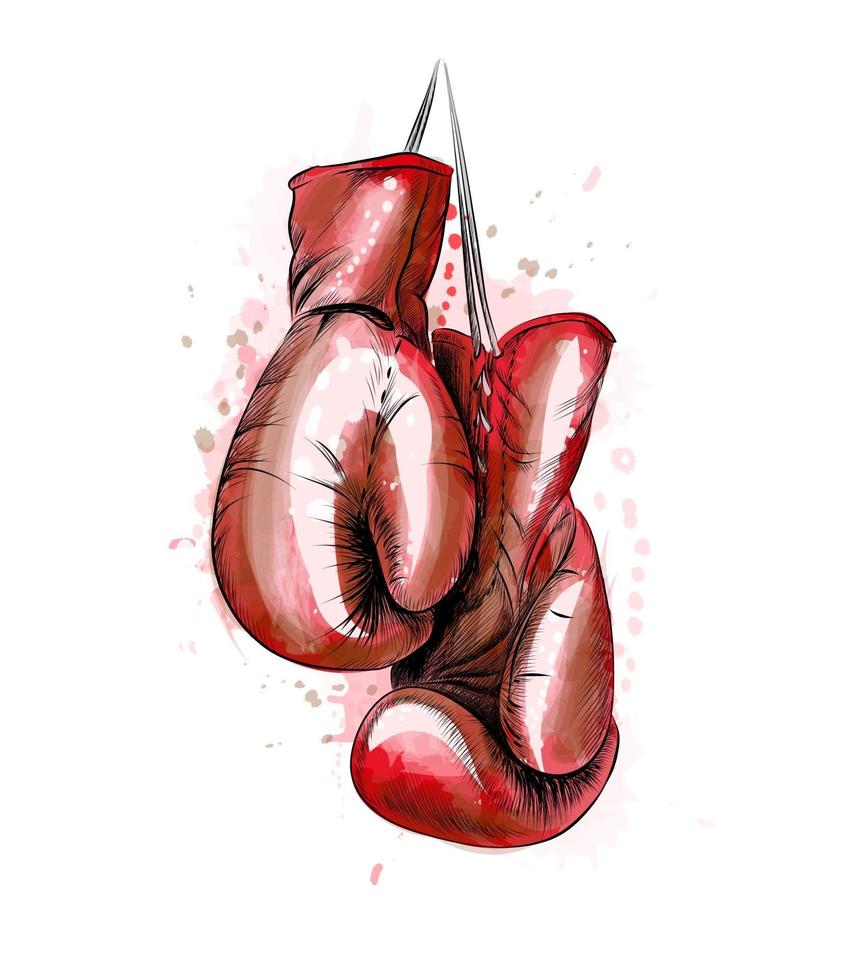 Hanging boxing gloves from a splash of watercolor, hand drawn sketch. Vector illustration of paints