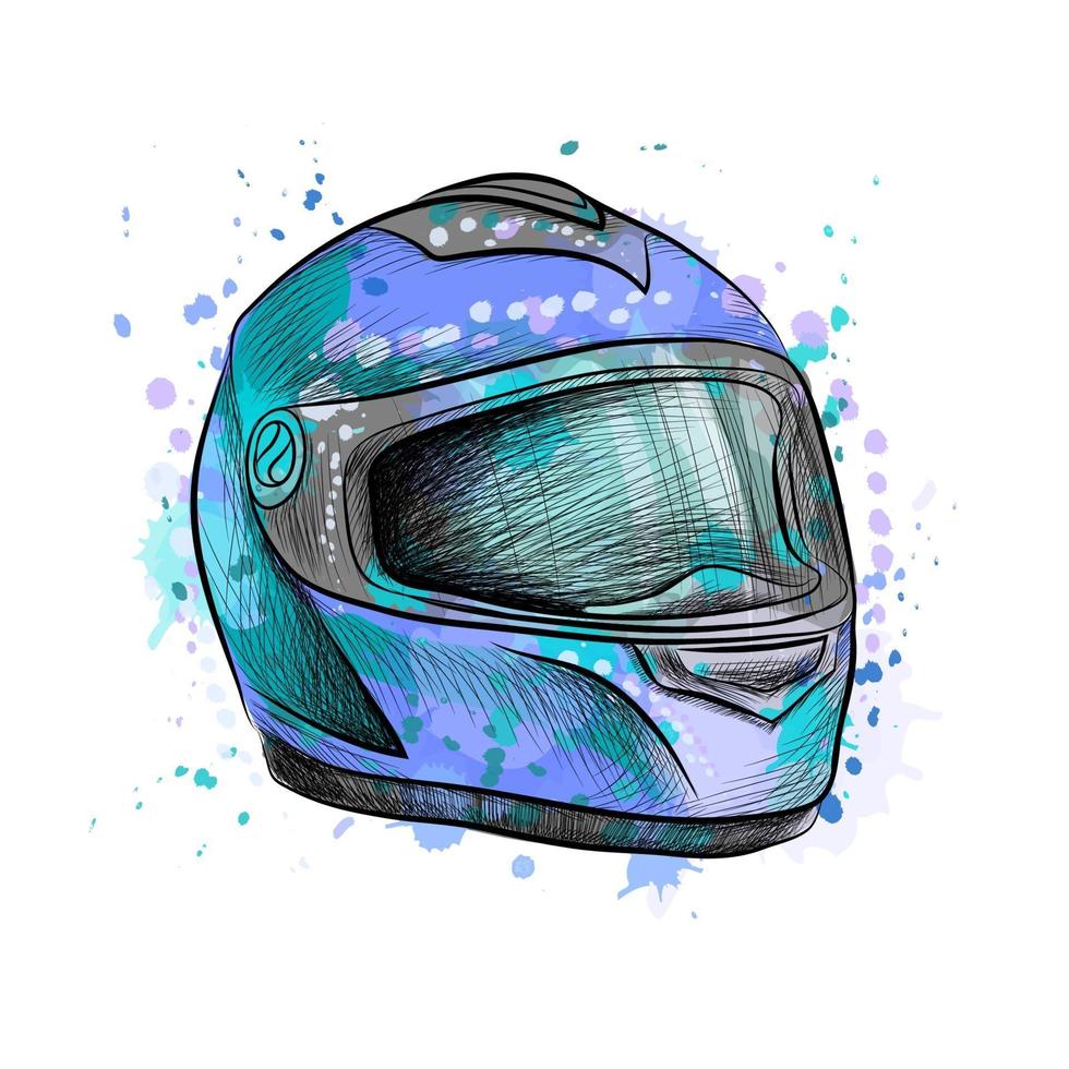 Motorcycle helmet from a splash of watercolor, hand drawn sketch. Vector illustration of paints