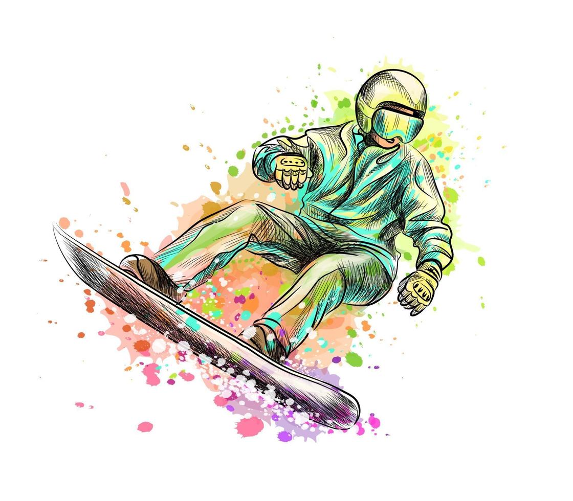 Abstract snowboarder from a splash of watercolor, hand drawn sketch. Vector illustration of paints