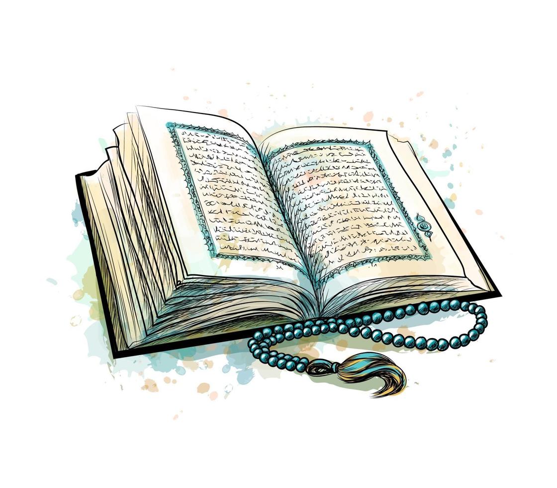 Holy book of Koran with rosary from splash of watercolors. Muslim holiday, Eid Mubarak, Eid al-fitr, Ramadan Kareem. Hand drawn sketch. Vector illustration of paints