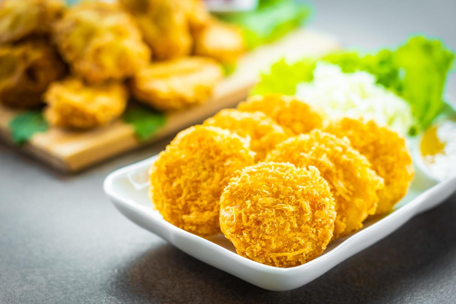 Deep fried shrimp cake or ball with vegetable photo