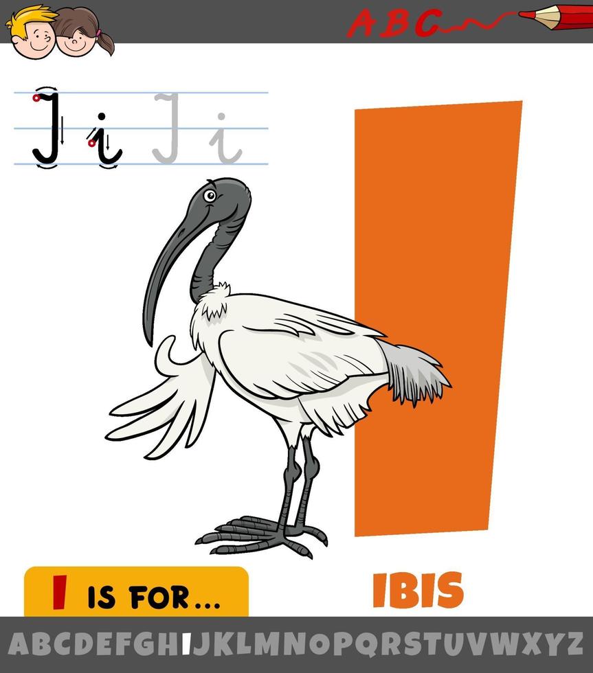 letter I worksheet with cartoon ibis bird animal character vector