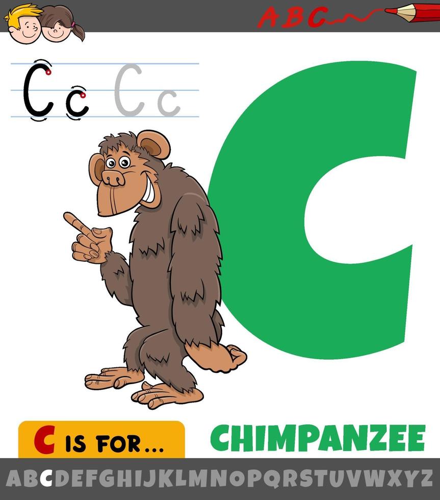 Letra c del alfabeto con chimpancé de dibujos animados vector