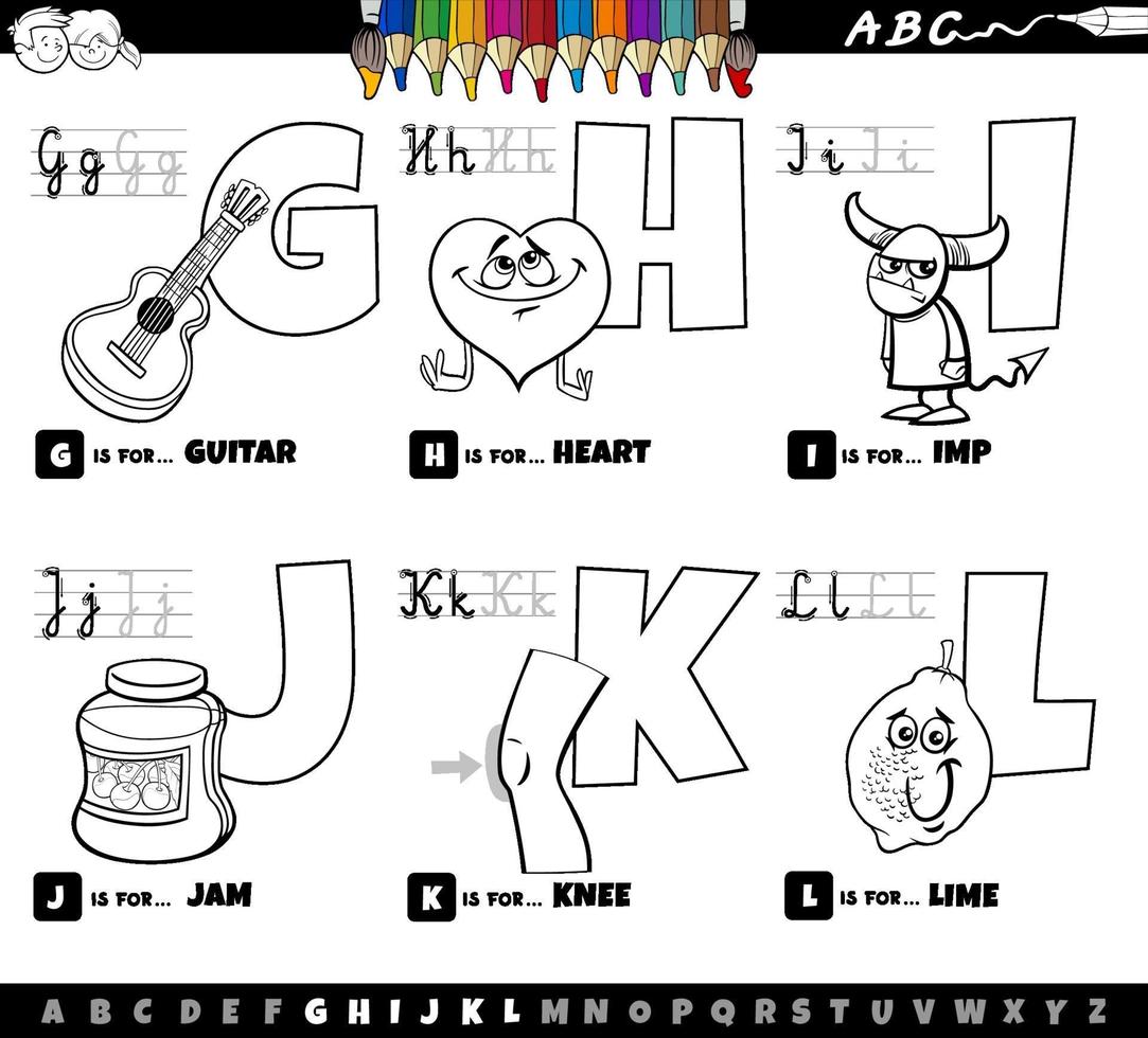 Letras del alfabeto de dibujos animados educativos establecidos de la g a la l página del libro de color vector