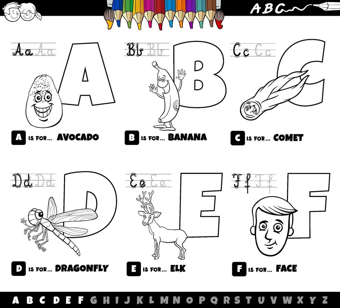 Conjunto de letras del alfabeto de dibujos animados educativos de la a a la f página del libro de color vector