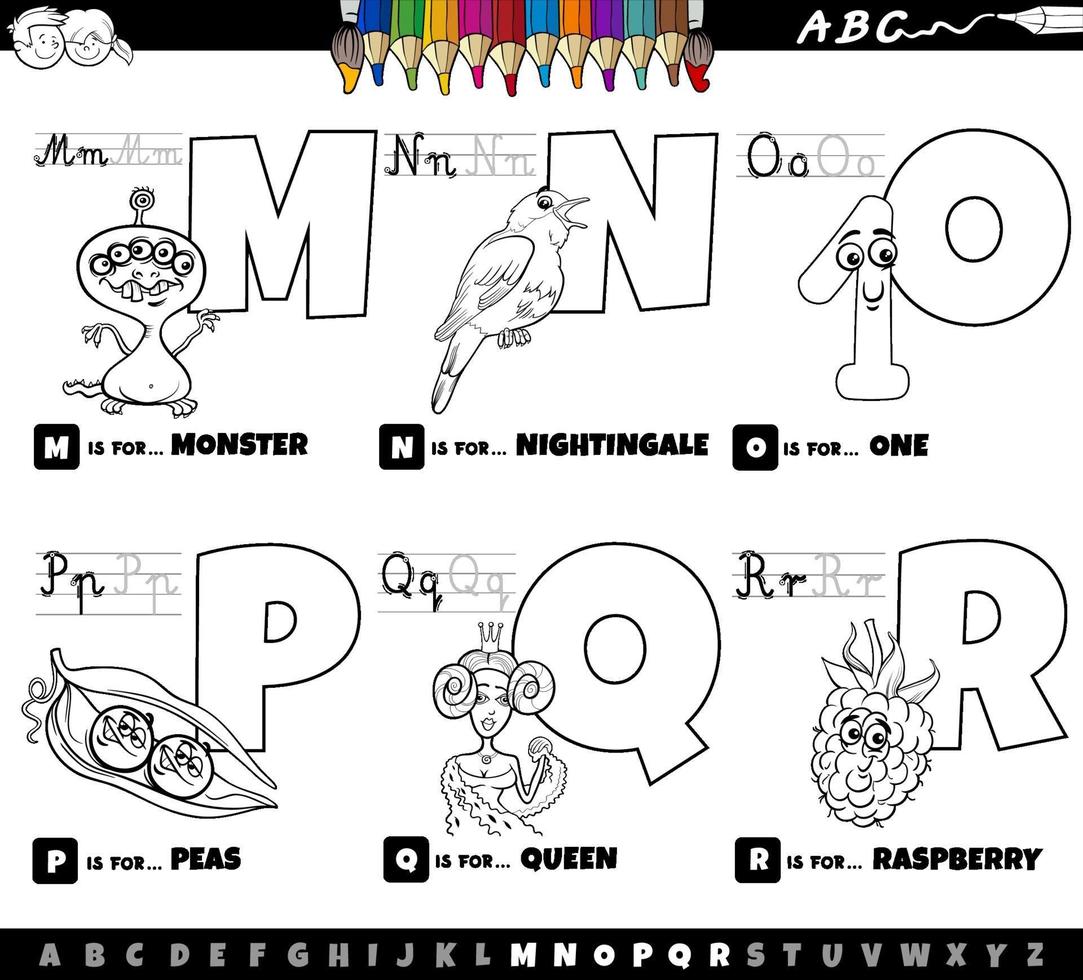 Letras del alfabeto de dibujos animados educativos establecidos de la m a la r página del libro de color vector