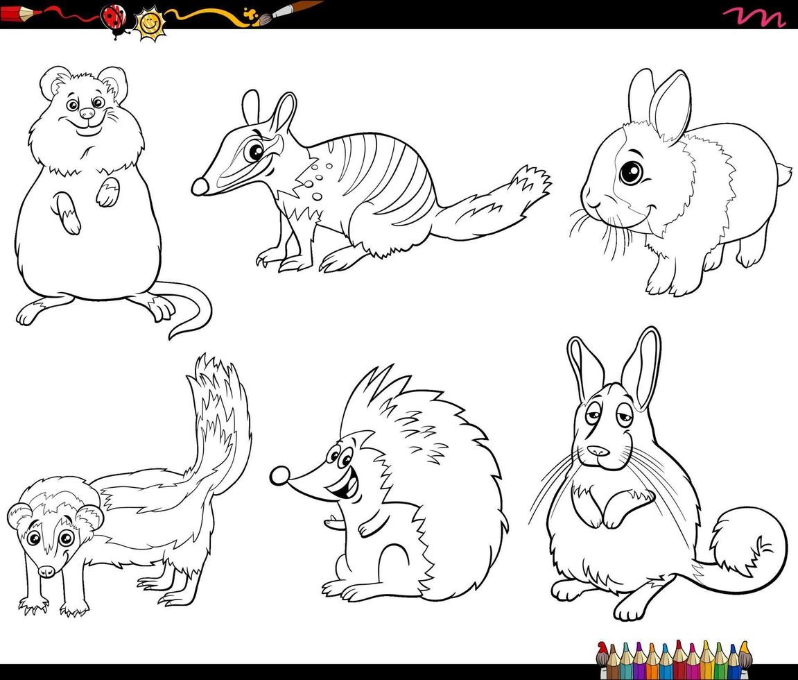 cartoon animals characters set coloring book page vector