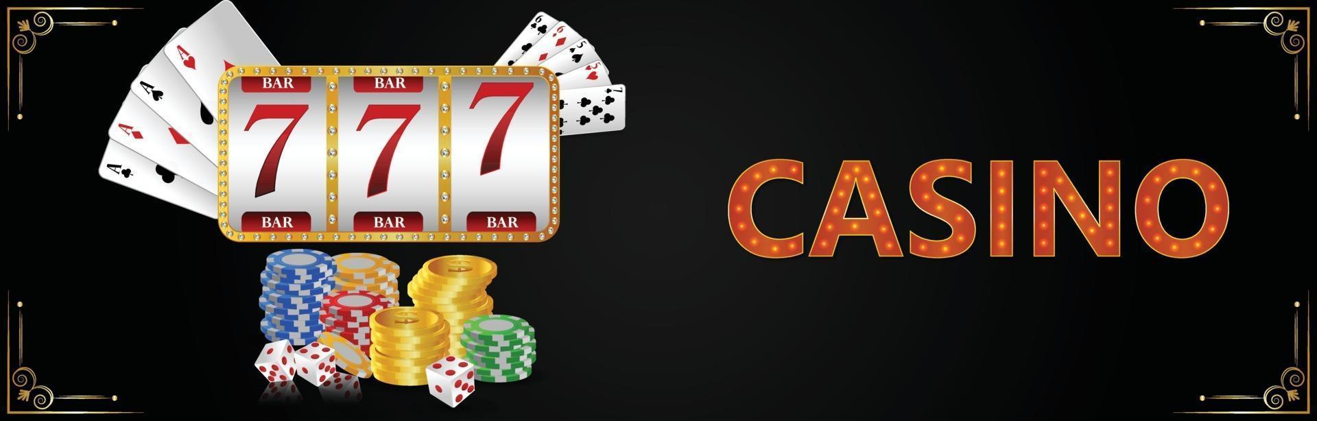 Casino gambling game with golden text and playing cards and casino slot vector